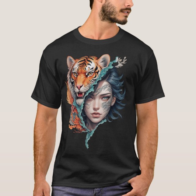 Camiseta O tigre e a mulher, força e graça. (Frente)