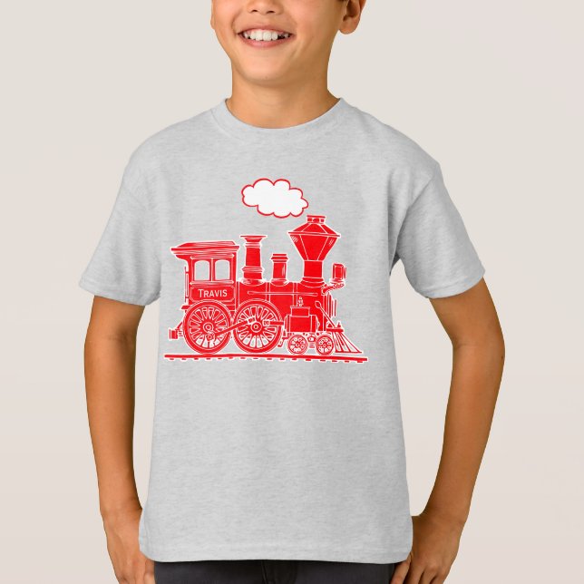 Camiseta O trem vermelho do louco do vapor "seu nome" caçoa (Frente)