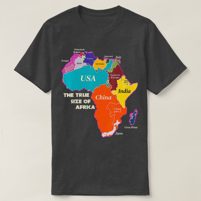 Camiseta O verdadeiro tamanho da África (Frente do Design)