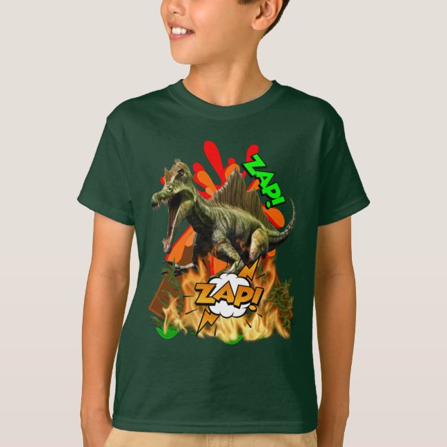Camiseta O vulcão de arte em quadrinhos do Dinossauro zap a (Frente)