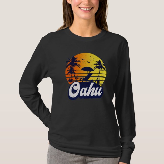 Camiseta Oahu Hawaii Hawaiian Sunset Beach Retro Premium (Frente)