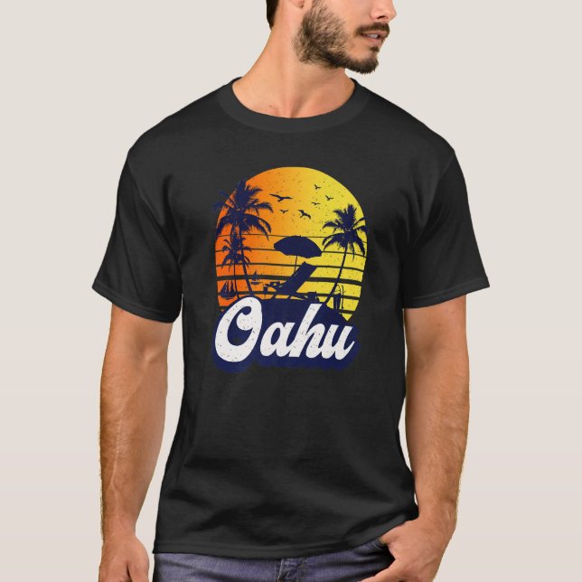 Camiseta Oahu Hawaii Hawaiian Sunset Beach Retro Premium (Frente)