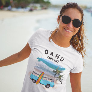 Camiseta Oahu Kamaaina Turquesa Prancha de Surf Antiga da V