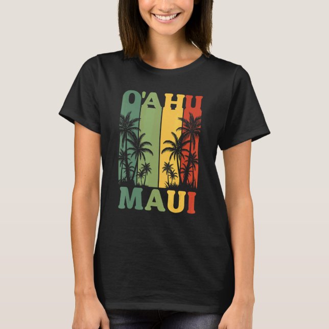 Camiseta Oahu Maui Havaiano Retro Hawaii Island Palm Beach (Frente)