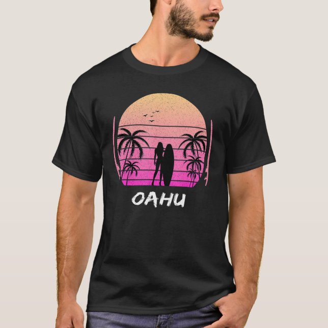 Camiseta Oahu Surfing Palm Trees Waves Holiday Hawaii Honol (Frente)