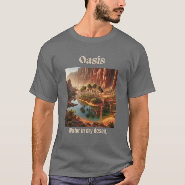 Camiseta Oasis Cinza d'água do deserto geológico escuro da  (Frente)