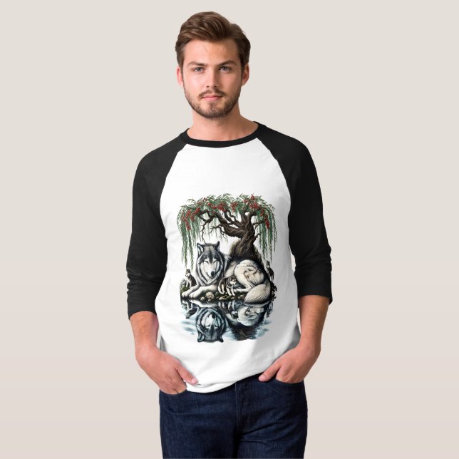 Camiseta Oásis da Família Serene Wolf em Natureza Idílica (Frente Completa)