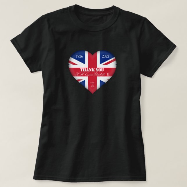 Camiseta Obrigado Coração, em memória da Rainha Elizabeth (Frente do Design)