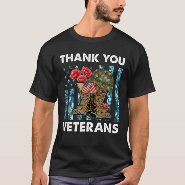 Camiseta Obrigado Veteranos Combatem Botas Poppy Flor Veter (Frente)
