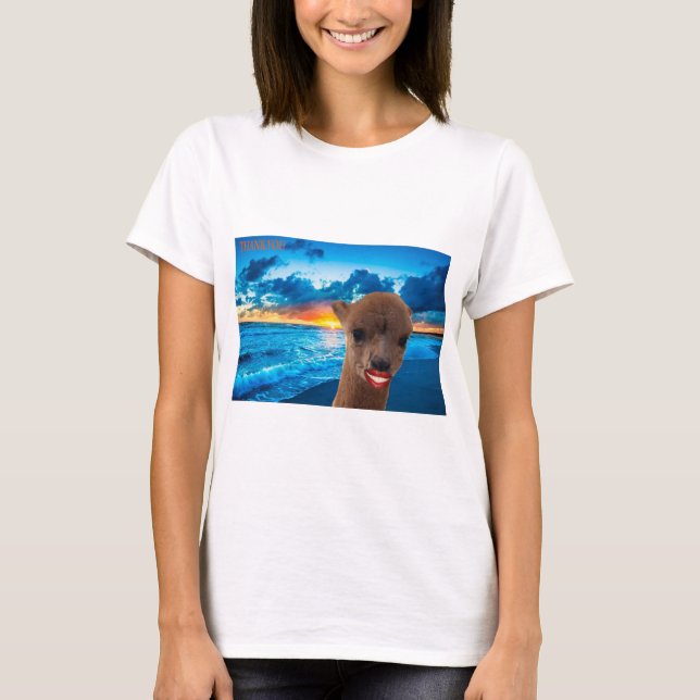 Camiseta obrigado você pega alpaca na praia (Frente)