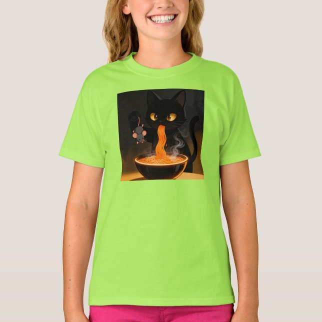 Camiseta Obsidian Cat & Daring Mouse – Midnight Ramen Feast (Frente)