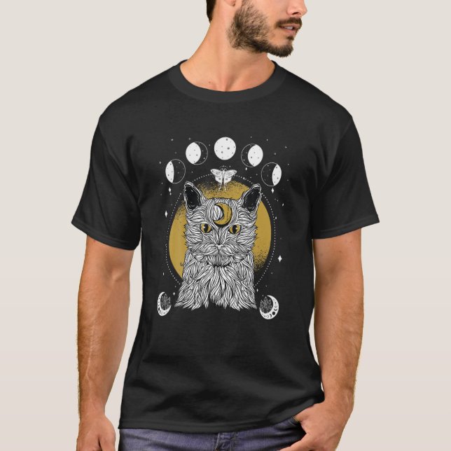 Camiseta Occult Dark Academia Cat Com Fases Da Lua (Frente)