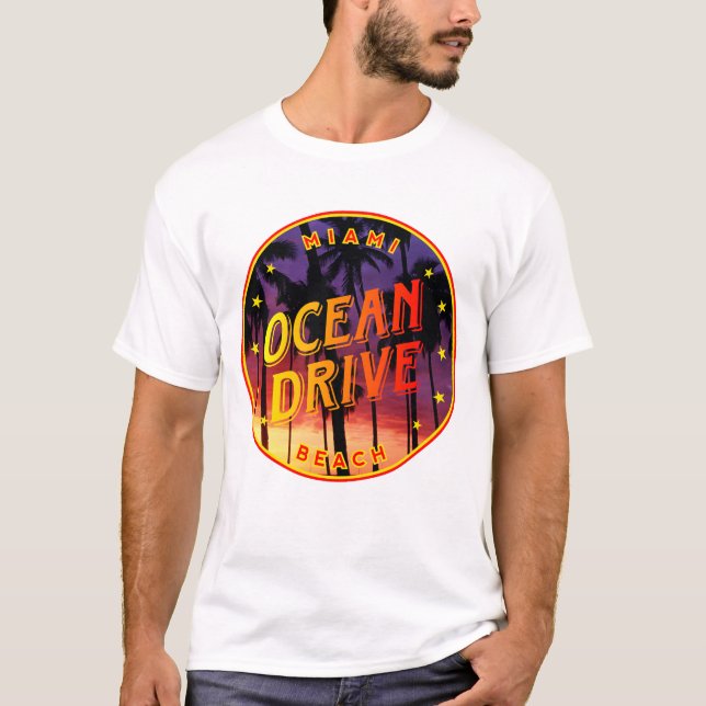 Camiseta Ocean Drive, Miami, Flórida Sunset Palm (Frente)