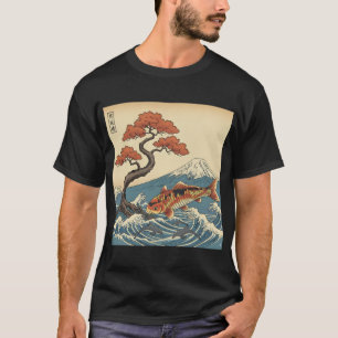 Camiseta Oceano de Peixes Koi com Golfinhos e Japonês de Mo