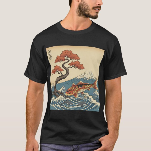 Camiseta Oceano de Peixes Koi com Golfinhos e Japonês de Mo (Frente)
