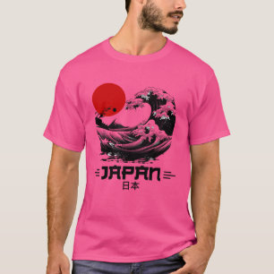 Camiseta Oceano Japonês com Sol Vermelho Retro para Homens