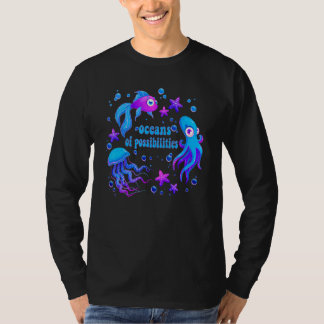 Camiseta Oceanos de Possibilidades Livro Lendo Octopus Jell