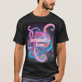 Camiseta octopus aquarela espaço oceânico azul-rosa