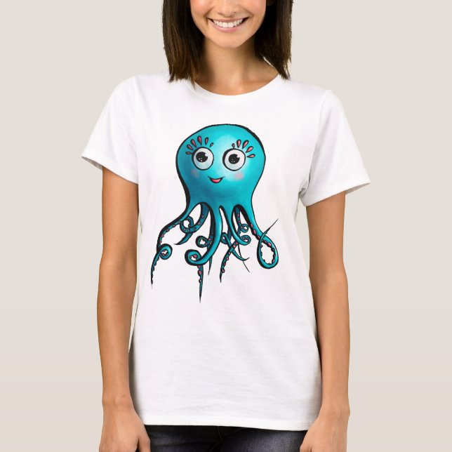 Camiseta Octopus Azul-Cartoon Sea Animal (Frente)
