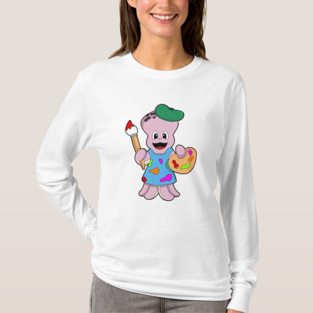Camiseta Octopus como Pincel com Pincel de Tinta (Frente)