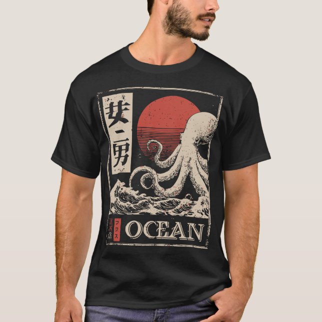 Camiseta Octopus Deep Ocean Japonês Red Sun Marine Art (Frente)