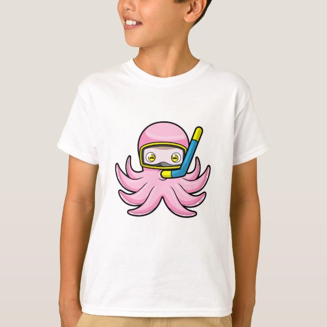 Camiseta Octopus em mergulho com Snorkel e óculos de nataçã (Frente)