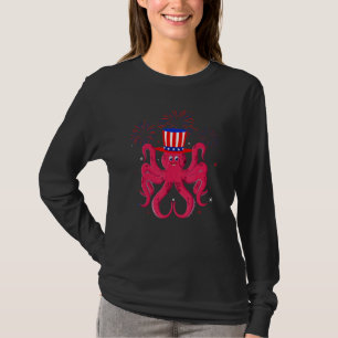 Camiseta Octopus Graphic Red White Blue Fireworks Decor 4º