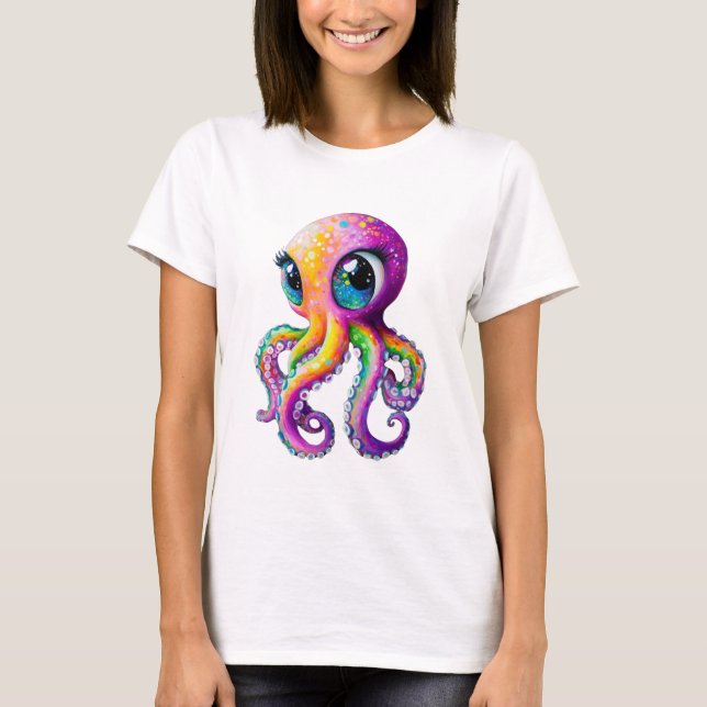 Camiseta Octopus Kawaii com olhos brilhantes. (Frente)