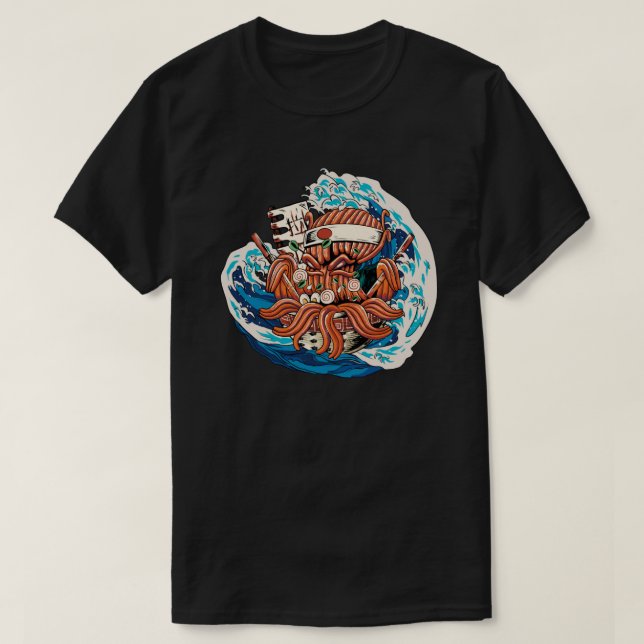 Camiseta Octopus Kraken Comendo Japonês Ramen 1 (Frente do Design)