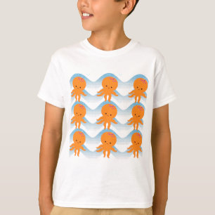 Camiseta Octopus Laranja E Padrão De Ondas Azuis