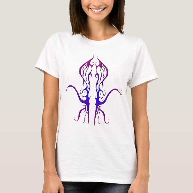 Camiseta Octopus Tribal Tattoo Design - azul e roxo (Frente)