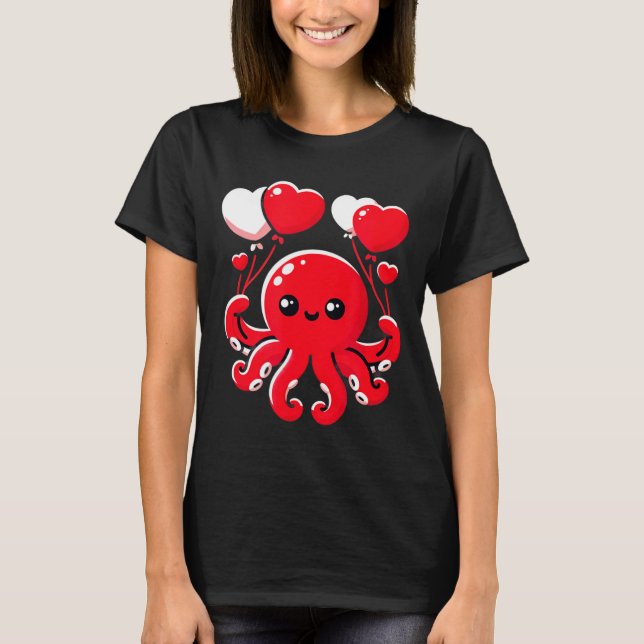 Camiseta Octopus With Heart Balloons Adorable Valentines Da (Frente)