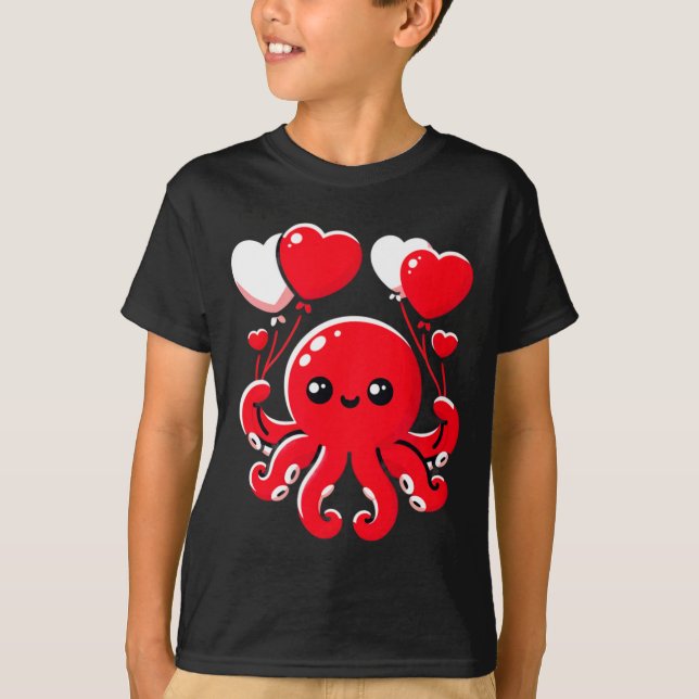Camiseta Octopus With Heart Lloons Adorable Valentines Day  (Frente)