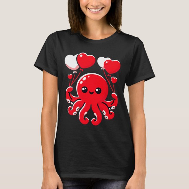 Camiseta Octopus With Heart Lloons Adorable Valentines Day  (Frente)