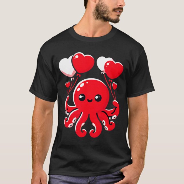 Camiseta Octopus With Heart Lloons Adorable Valentines Day  (Frente)