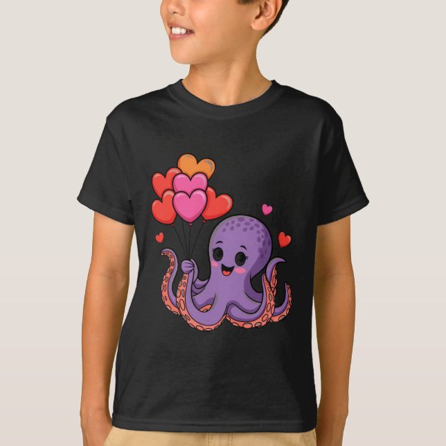 Camiseta Octopus With Heart Lloons Valentine Day  (Frente)