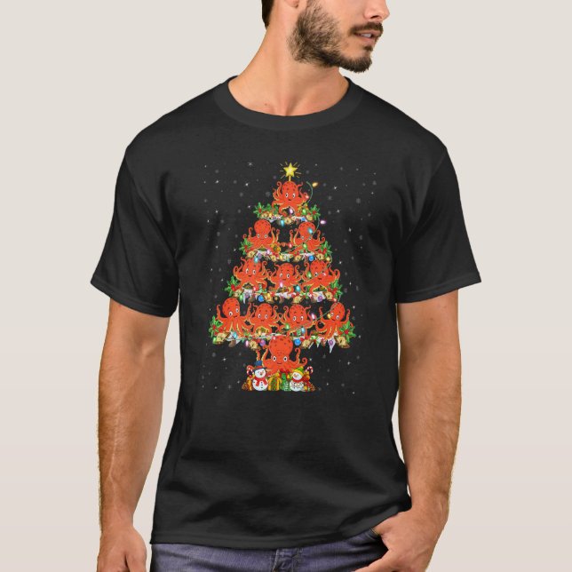 Camiseta Octopus Xmas Lighting Papais noeis Octopus Christm (Frente)