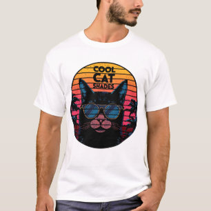 Camiseta Óculos de Gato Legal Arte de Pôr do Sol Synthwave 