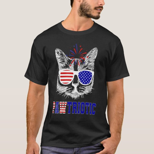 Camiseta Óculos de Gato Patriótico Americano Bandeira Ameri (Frente)