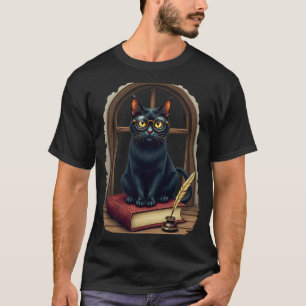 Camiseta Óculos de Leitura de Gato Dark Academia Pena Bibli