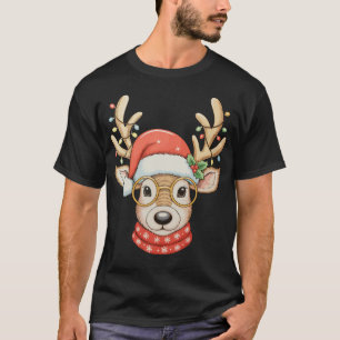 Camiseta Óculos de Luzes de Natal Rena Chapéu do Papai Noel
