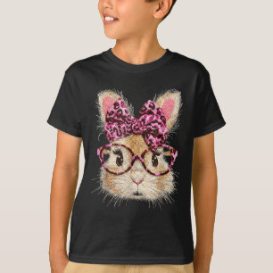 Camiseta óculos de rosto de coelho engraçado bandana leopar