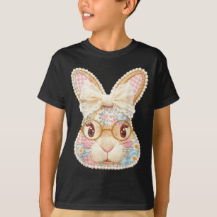 Camiseta Óculos de rosto de coelho engraçado remendo floral