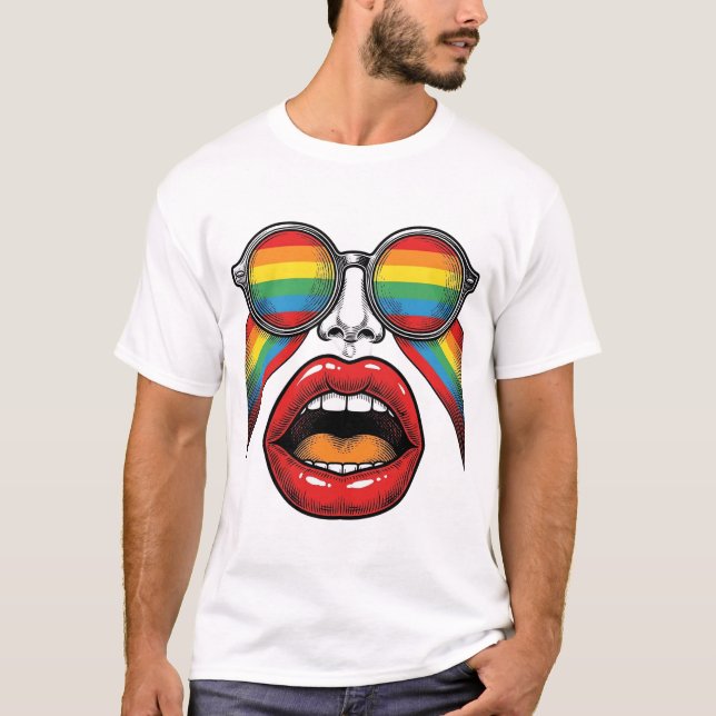 Camiseta Óculos de Sol Arco-íris Retrô Lábios Rosto Design  (Frente)