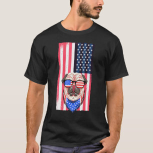 Camiseta Óculos de Sol de Cachorro Pug 4 de Julho Bandeira