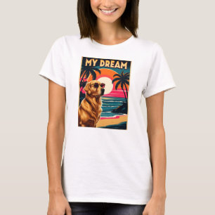 Camiseta Óculos de Sol de Cachorro Retro Praia do Pôr do So
