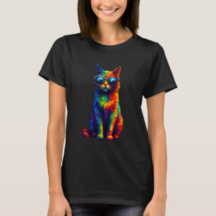 Camiseta Óculos de Sol de Gato Colorido Aquarela