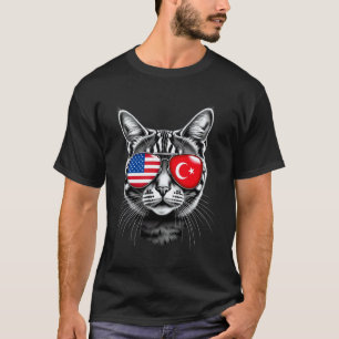 Camiseta Óculos de Sol de Gato Desenho Bandeira Turquia EUA