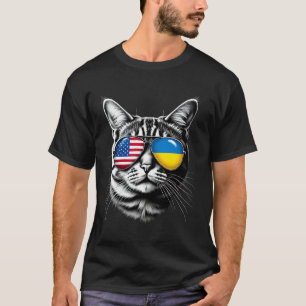 Camiseta Óculos de Sol de Gato Desenho Bandeira Ucrânia EUA