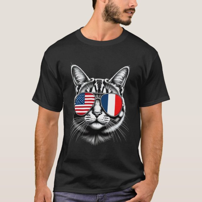 Camiseta Óculos de Sol de Gato Francês dos EUA Design Franç (Frente)
